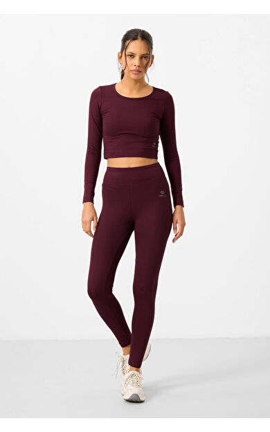 TommyLife Bordo Yüksek Bel Uzun Kollu Slim Fit Crop Top Kadın Tayt Takım - 95286