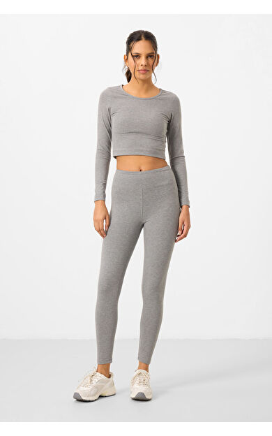 TommyLife Gri Melanj Yüksek Bel Uzun Kollu Slim Fit Crop Top Kadın Tayt Takım - 95286