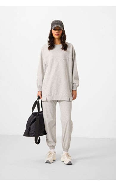 TommyLife Gri Melanj O Yaka Basic Oversize Kadın Eşofman Tunik Takım - 95347