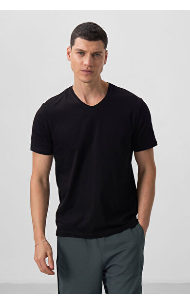 TommyLife Siyah Basic Kısa Kol Standart Kalıp V Yaka Erkek T-Shirt - 87912