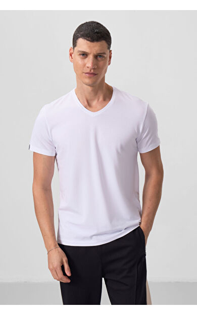 TommyLife Beyaz Basic Kısa Kol Standart Kalıp V Yaka Erkek T-Shirt - 87912