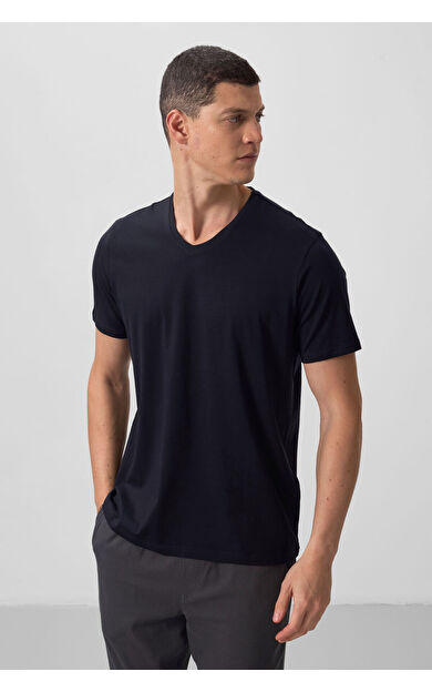 TommyLife Lacivert Basic Kısa Kol Standart Kalıp V Yaka Erkek T-Shirt - 87912