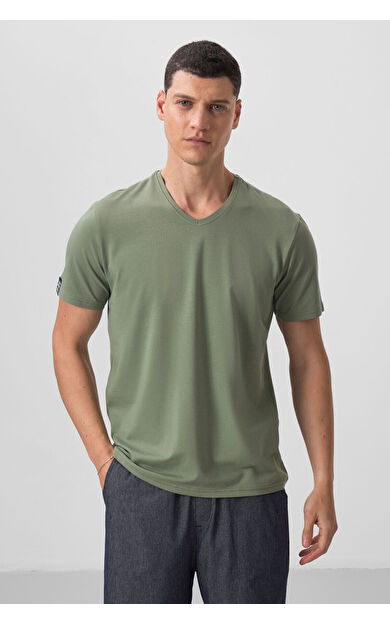 TommyLife Açık Yeşil Basic Kısa Kol Standart Kalıp V Yaka Erkek T-Shirt - 87912