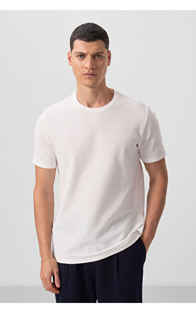 TommyLife Ekru Yüzeyi Dokulu Rahat Form Basic Erkek T-Shirt - 88436