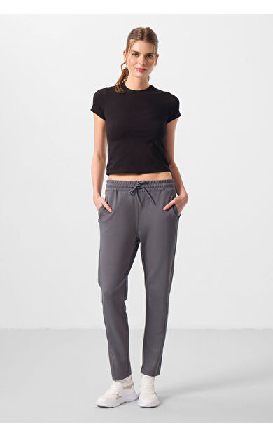 TommyLife Koyu Gri Yumuşak Dokulu Gizli Fermuarlı Dar Paça Kadın Pantolon - 94668