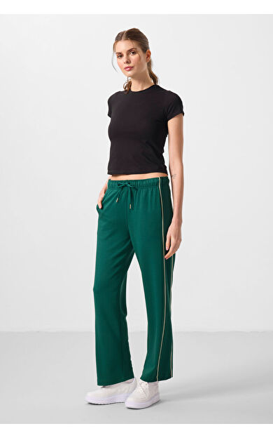 TommyLife Yeşil Yumuşak Dokulu Yan Panel Detaylı Geniş Paça Kadın Palazzo Pantolon - 94669