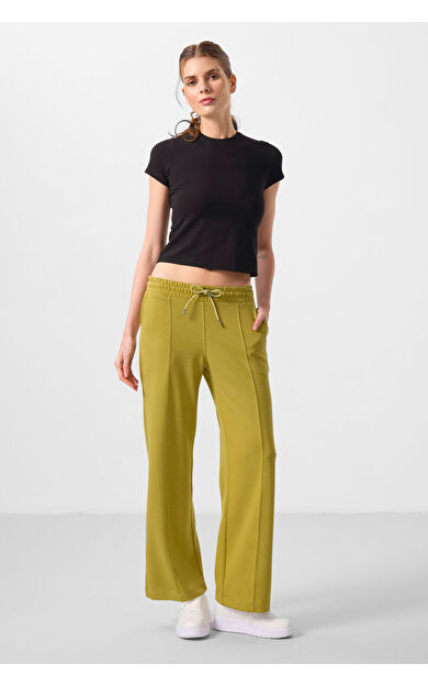 TommyLife Koyu Hardal Yumuşak Dokulu Cepli Ön Dikiş Detaylı Kadın Palazzo Pantolon - 94670
