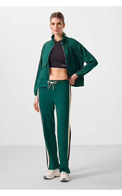 TommyLife Yeşil Yumuşak Dokulu Yan Panel Detaylı Geniş Paça Kadın Palazzo Pantolon - 94671