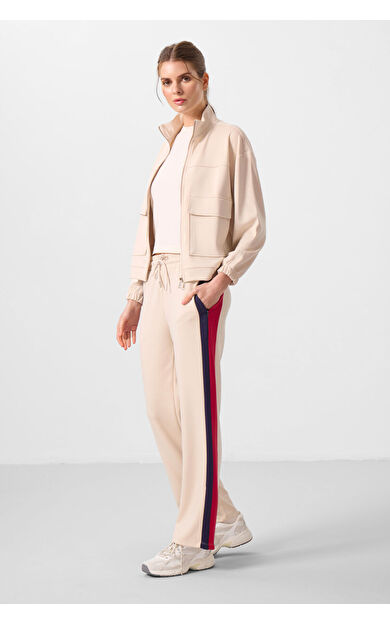 TommyLife Bej Yumuşak Dokulu Yan Panel Detaylı Geniş Paça Kadın Palazzo Pantolon - 94671