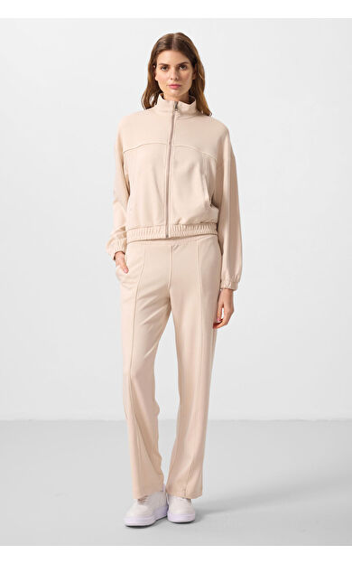 TommyLife Bej Yumuşak Dokulu Dik Yaka Oversize Lastikli Kadın Eşofman Takım - 95349