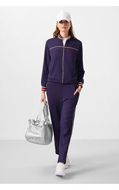 TommyLife Koyu Mor Yumuşak Dokulu Triko Dik Yaka Oversize Kadın Eşofman Takım - 95350