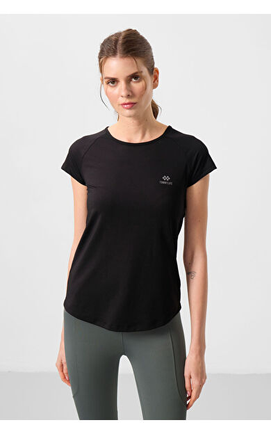 TommyLife Siyah Sırt Pencereli Kısa Kol Standart Kalıp O Yaka Kadın T-Shirt - 97101