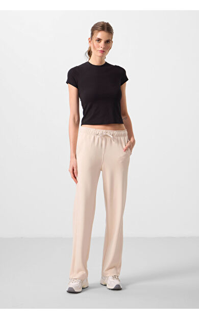 TommyLife Bej Yumuşak Dokulu Yan Panel Detaylı Geniş Paça Kadın Palazzo Pantolon - 94669