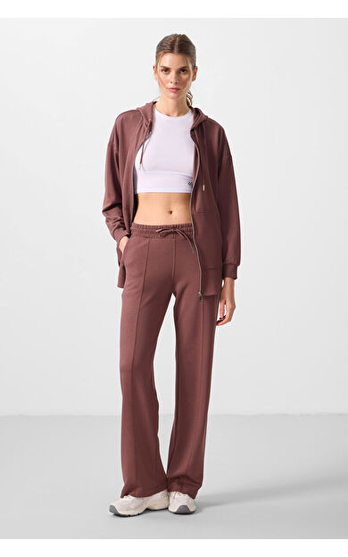 TommyLife Kahverengi Yumuşak Dokulu Cepli Ön Dikiş Detaylı Kadın Palazzo Pantolon - 94670