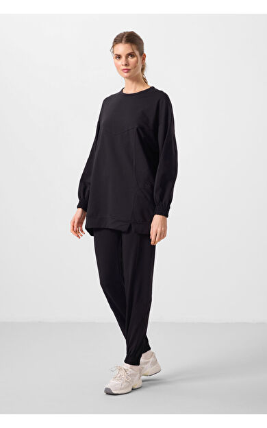 TommyLife Siyah O Yaka Basic Oversize Kadın Eşofman Tunik Takım - 95347