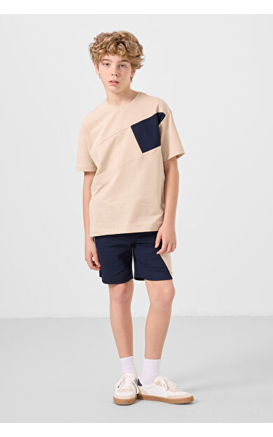 TommyLife Bej-Lacivert Pamuklu Oversize Fit Dokuma Hafif Esnek Chino Erkek Çocuk Şort Takım - 11275