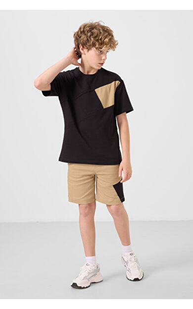 TommyLife Siyah-Koyu Bej Pamuklu Oversize Fit Dokuma Hafif Esnek Chino Erkek Çocuk Şort Takım - 11275