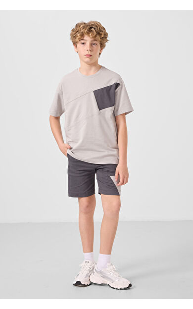 TommyLife Taş-Antrasit Pamuklu Oversize Fit Dokuma Hafif Esnek Chino Erkek Çocuk Şort Takım - 11275