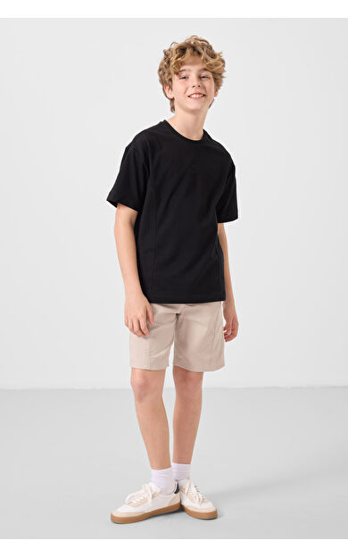 TommyLife Siyah-Taş Pamuklu Oversize Fit Dokuma Hafif Esnek Chino Erkek Çocuk Şort Takım - 11276