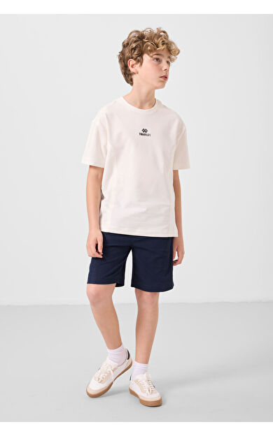 TommyLife Ekru-Lacivert Pamuklu Oversize Fit Dokuma Hafif Esnek Chino Erkek Çocuk Şort Takım - 11276