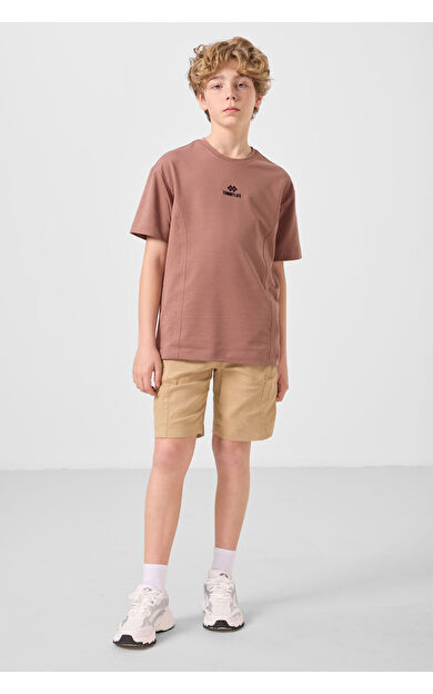 TommyLife Tarçın-Koyu Bej Pamuklu Oversize Fit Dokuma Hafif Esnek Chino Erkek Çocuk Şort Takım - 11276