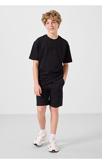 TommyLife Siyah Pamuklu Oversize Fit Dokuma Hafif Esnek Chino Erkek Çocuk Şort Takım - 11276