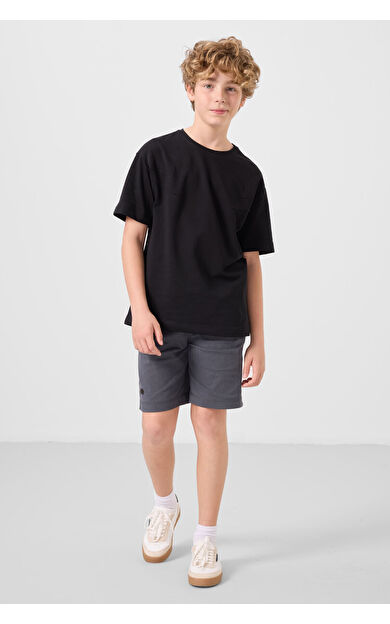 TommyLife Siyah-Gri Pamuklu Oversize Fit Dokuma Hafif Esnek Chino Erkek Çocuk Şort Takım - 11277