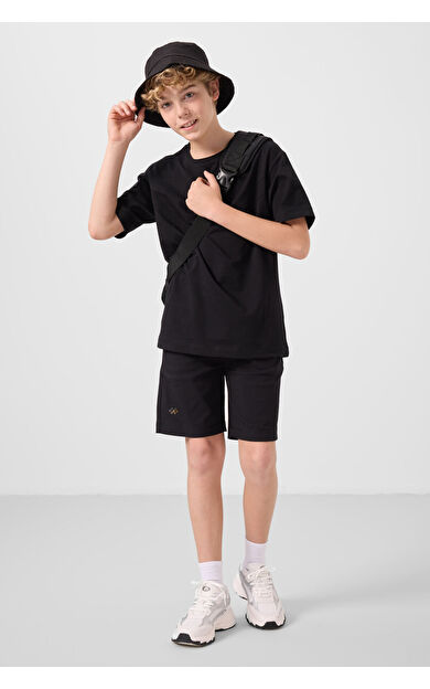 TommyLife Siyah Pamuklu Oversize Fit Dokuma Hafif Esnek Chino Erkek Çocuk Şort Takım - 11277