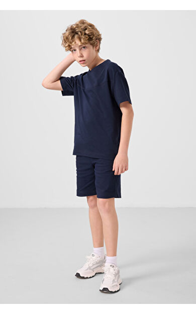 TommyLife Lacivert Pamuklu Oversize Fit Dokuma Hafif Esnek Chino Erkek Çocuk Şort Takım - 11279