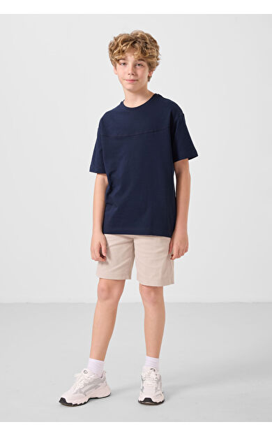 TommyLife Lacivert-Taş Pamuklu Oversize Fit Dokuma Hafif Esnek Chino Erkek Çocuk Şort Takım - 11279