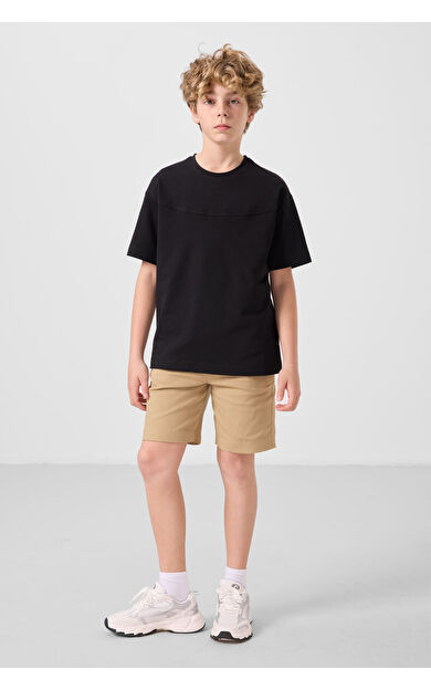 TommyLife Siyah-Koyu Bej Pamuklu Oversize Fit Dokuma Hafif Esnek Chino Erkek Çocuk Şort Takım - 11279
