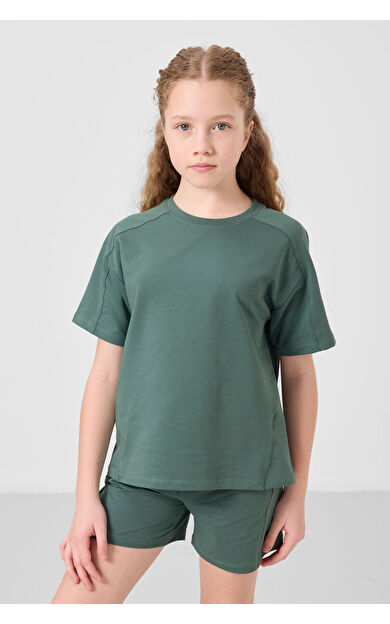 TommyLife Açık Yeşil Pamuklu Yumuşak Dokulu Standart Fit Basic Kız Çocuk Şort Takım - 75184