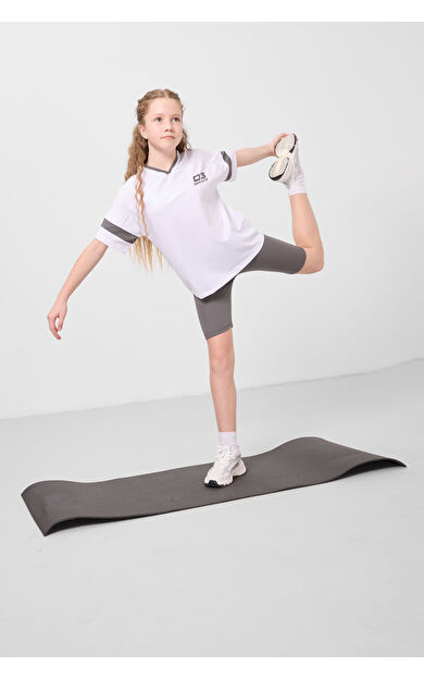 TommyLife Beyaz-Koyu Gri V Yaka Kemer Detaylı Standart Fit Performans Kız Çocuk Tayt Takım - 75187