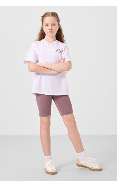 TommyLife Beyaz-Gül Kurusu V Yaka Kemer Detaylı Standart Fit Performans Kız Çocuk Tayt Takım - 75187