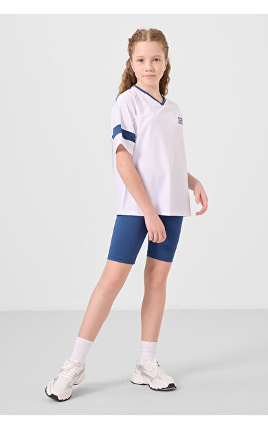 TommyLife Beyaz-Parlament V Yaka Kemer Detaylı Standart Fit Performans Kız Çocuk Tayt Takım - 75187