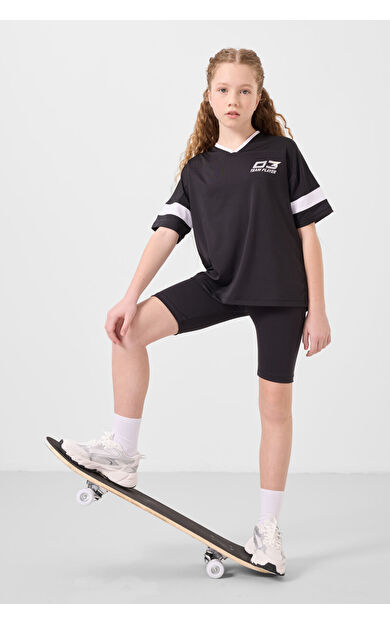 TommyLife Siyah V Yaka Kemer Detaylı Standart Fit Performans Kız Çocuk Tayt Takım - 75187