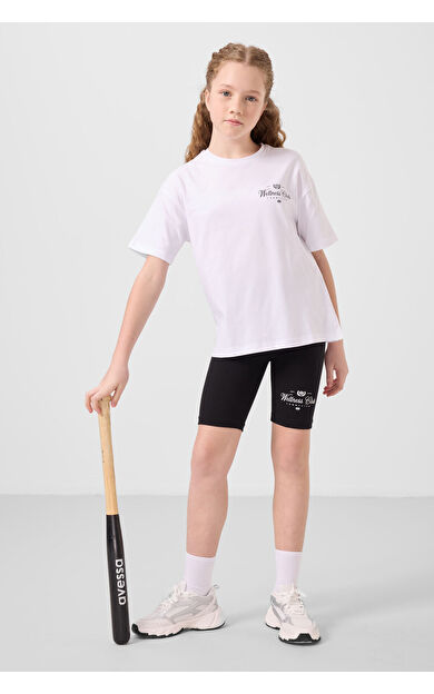 TommyLife Beyaz-Siyah Pamuklu O Yaka Standart Fit Baskılı Kız Çocuk Tayt Takım - 75190