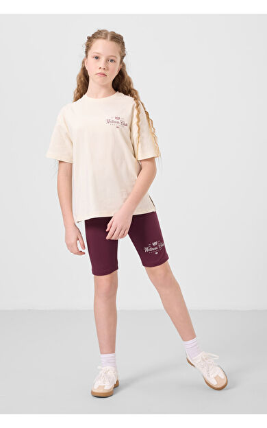 TommyLife Ekru-Bordo Pamuklu O Yaka Standart Fit Baskılı Kız Çocuk Tayt Takım - 75190