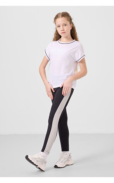 TommyLife Beyaz-Siyah O Yaka Yan Şerit Detaylı Standart Fit Performans Kız Çocuk Tayt Takım - 75191