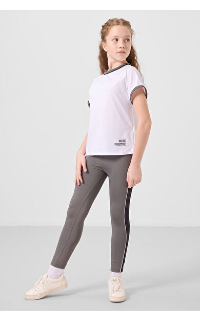 TommyLife Beyaz-Koyu Gri O Yaka Yan Şerit Detaylı Standart Fit Performans Kız Çocuk Tayt Takım - 75191