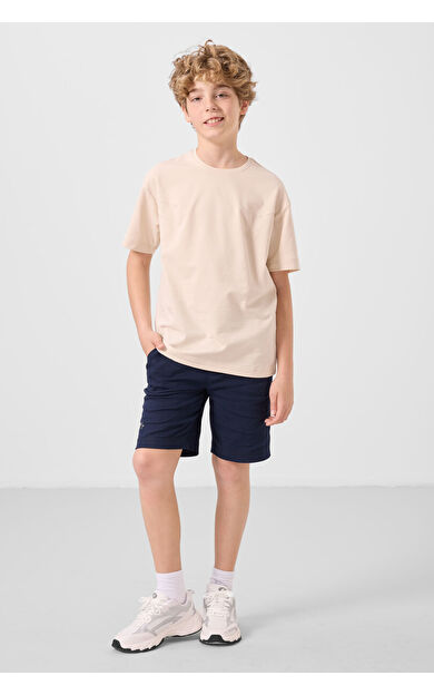 TommyLife Bej-Lacivert Pamuklu Oversize Fit Dokuma Hafif Esnek Chino Erkek Çocuk Şort Takım - 11277