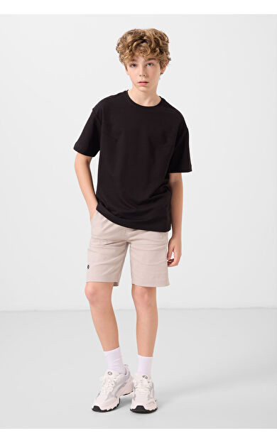 TommyLife Siyah-Taş Pamuklu Oversize Fit Dokuma Hafif Esnek Chino Erkek Çocuk Şort Takım - 11277