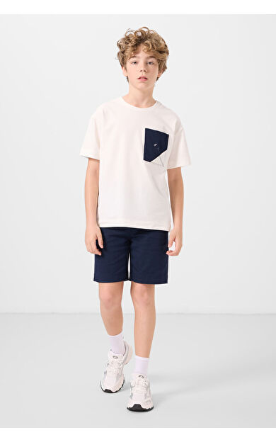 TommyLife Ekru-Lacivert Pamuklu Oversize Fit Dokuma Hafif Esnek Chino Erkek Çocuk Şort Takım - 11278