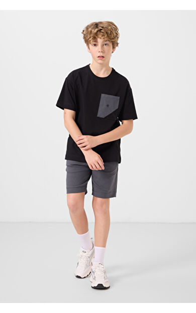 TommyLife Siyah-Gri Pamuklu Oversize Fit Dokuma Hafif Esnek Chino Erkek Çocuk Şort Takım - 11278