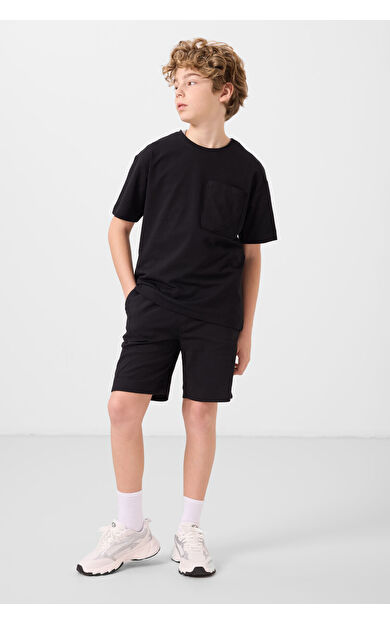 TommyLife Siyah Pamuklu Oversize Fit Dokuma Hafif Esnek Chino Erkek Çocuk Şort Takım - 11278