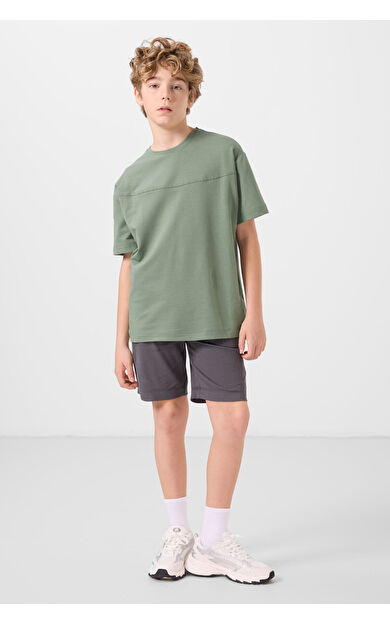 TommyLife Açık Yeşil-Antrasit Pamuklu Oversize Fit Dokuma Hafif Esnek Chino Erkek Çocuk Şort Takım - 11279