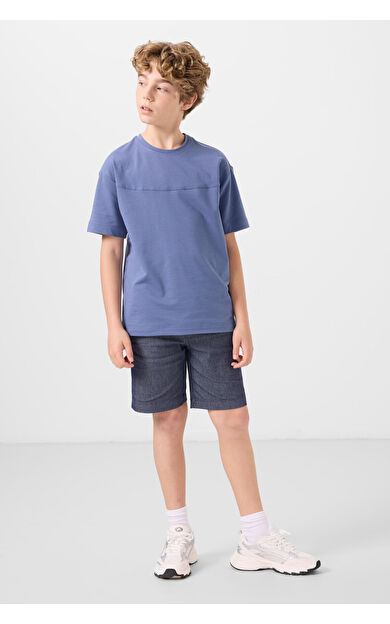 TommyLife Koyu Mavi-Kot Lacivert Pamuklu Oversize Fit Dokuma Hafif Esnek Chino Erkek Çocuk Şort Takım - 11279