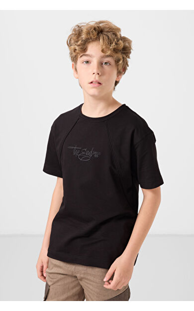 TommyLife Siyah Pamuklu Yumuşak Dokulu Oversize Baskılı Erkek Çocuk T-Shirt - 11285