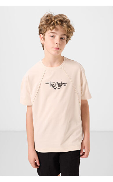 TommyLife Bej Pamuklu Yumuşak Dokulu Oversize Baskılı Erkek Çocuk T-Shirt - 11285