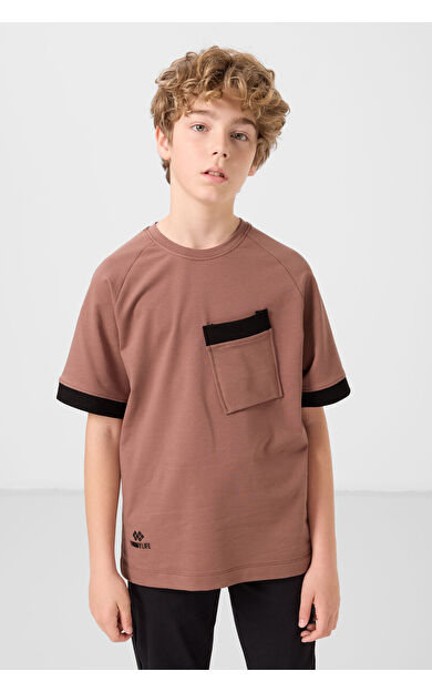 TommyLife Tarçın Pamuklu Yumuşak Dokulu Oversize Cep Detaylı Erkek Çocuk T-Shirt - 11295
